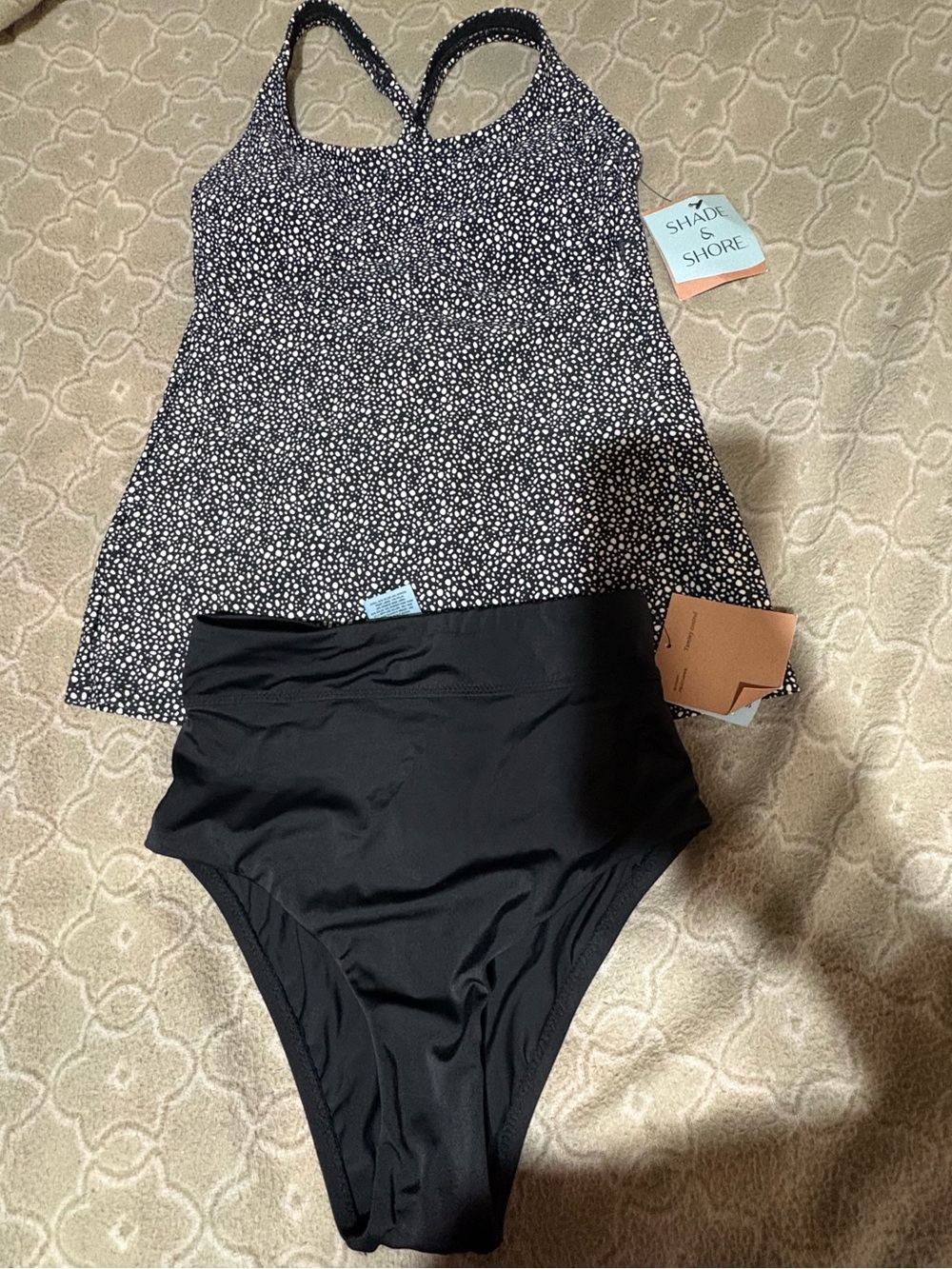 Shade & Shore Black and white Printed Tankini Top with High-Waist Black Bottom